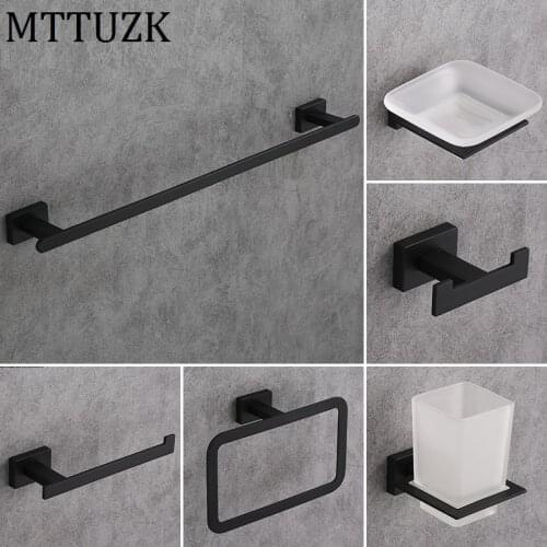 MTTUZK Matt Black Towel Ring Towel Bar Black Stainless Steel Hardware Set,Robe Hook, Cup Holder Soap dish Bathroom Accessories