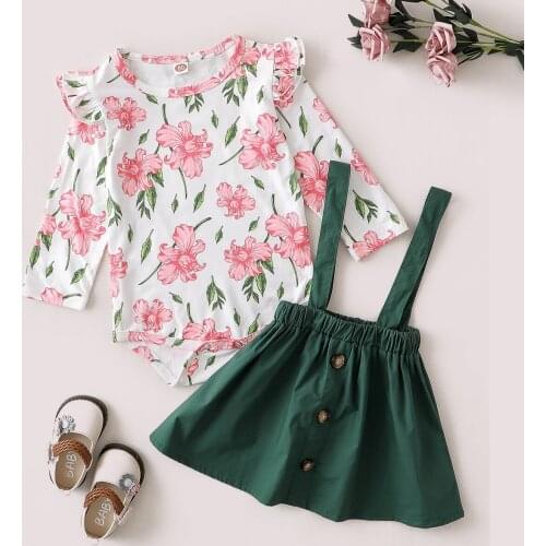 New baby long sleeve printed khaki bib skirt set two-piece set