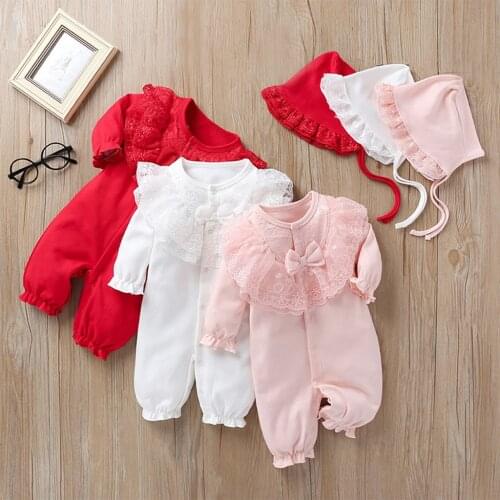 Baby Clothes Jumpsuit Newborn Infant Baby Girls Solid Ruffles Lace Romper Jumpsuit+Hat Outfits Sets детские вещи Ropa niña