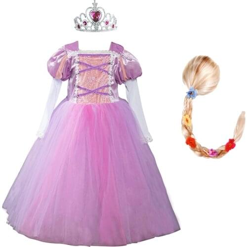 Girls Rapunzel Dress Kids Long Sleeve Tangled Clothes Children Carnival Christmas Fall Autumn Costume Girl Wig and Accessories