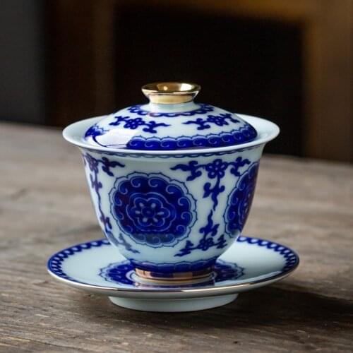 Blue and White Porcelain Cover Bowl Tea Cup Single Tea Preparation Ceramic Kung Fu Tea Set Hand Grasping Teapot Gaiwan