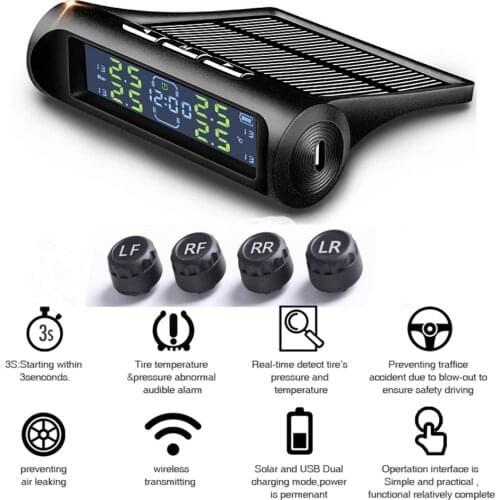 Solar TPMS Tyre Pressure Temperature Warning Car Tire Pressure Alarm Monitor System Clock LCD Display Car Security Alarm Systems
