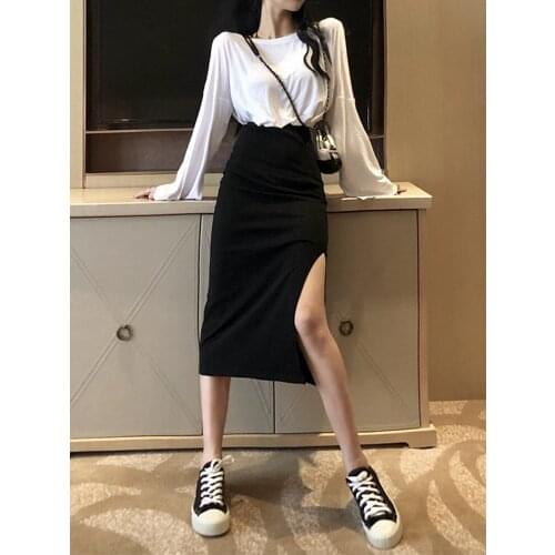 Spring and Autumn 2021 new split half-length skirt mid-length high-waisted a-line thinner hip skirt female skirts for women