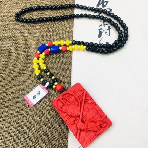 Zheru Jewelry Natural Vermilion Carved Sun Wukong Pendant with Tri-Color Bead Necklace Male Sweater Chain