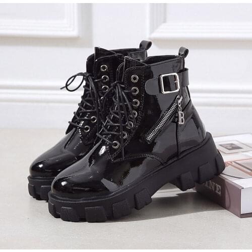 2021New Mid-Calf Booties Black Platform Combat Ankle Boots For Women Lace Up Buckle Strap Female Winter Biker Boots Big Size