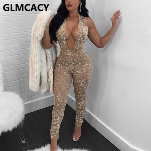 Women Sleeveless Plunge Neck Embellished Jumpsuit Sexy Night Party Club Overalls