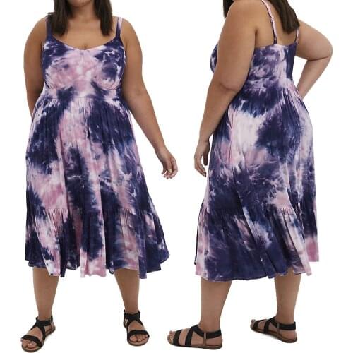 Women Ruffle Tie Dye Printed Dresses Summer Sexy V Neck Sleeveless Ladies Casual Female Holiday Vintage Dress Plus Size L~5XL