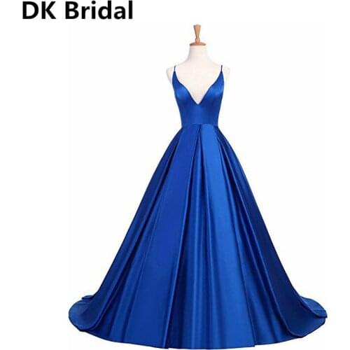 2019 Sexy Simple Satin Evening Dresses Long A-line Prom Dresses V-neck Evening Party Dresses Prom Dress Open Back Robe De Soiree