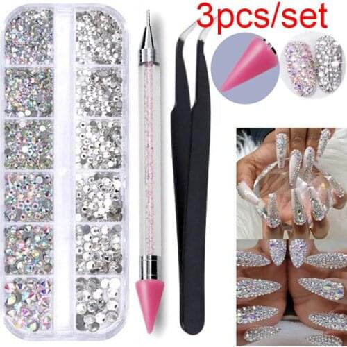 1Set Flat Back 3D Nail Art Rhinestones Nail Dotting Pen Nail Tweezers Shiny Crystals Nail Glitter Bead Decorations DIY Nail Set