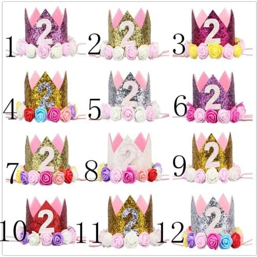 10PCS/Lots Baby Girl 2nd Birthday Cake Hat Princess Sparkle Crown with Rose Flower Photo Shoot Props