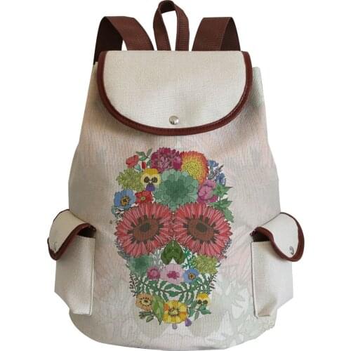 Floral Skull Print Handbag Cartoon Fashion School Bag Eco Reusable Drawstring Backpack Large Capacity Book Bag Portable Backpack