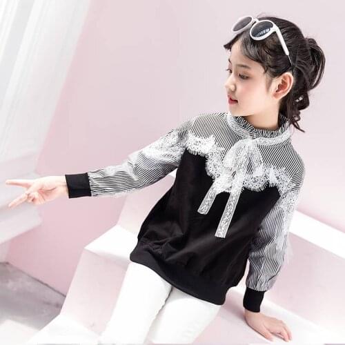 Girls Pure Cotton Lace Bottoming Shirt Childrens Spring Autumn Long Sleeve Tops Kids Students Lace Stripe Spliced Clothes B246