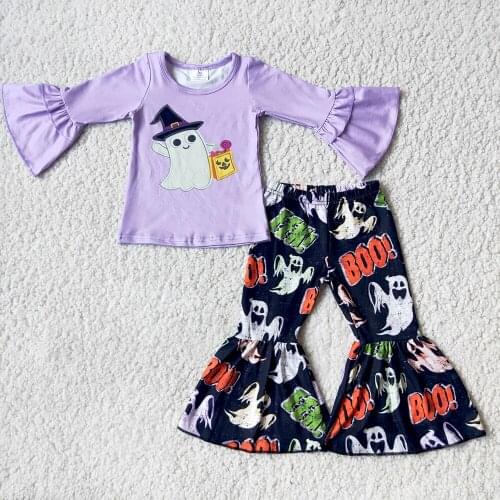 Halloween Kids Long Sleeve Purple Top And Black Flare Pants Suit Baby Girls Cute Ghost Cartoon Outfit In Stock