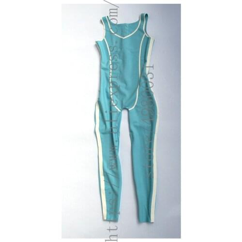 Candy sky blue Fetish latex bondage suit with back zipper to waist with white trims decorations