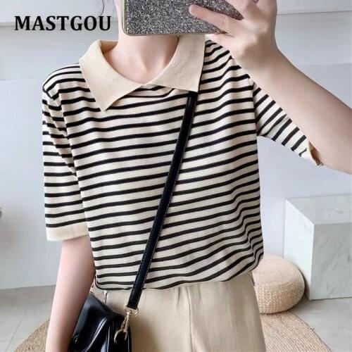 MASTGOU Peter Pan Collar Knitted 2 Piece Sets Summer Striped Short Sleeve Sweater Top + Harem Pants Two Piece Set Tracksuits
