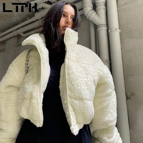 LTPH ins streetwear plush zipper coats solid loose Lapel thicken warm long sleeve jacket short outwear 2021 autumn winter new