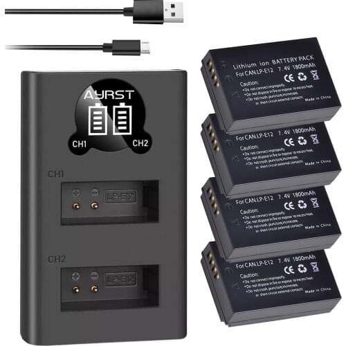 1800mAh LP-E12 LP E12 LPE12 Li-ion Battery + LED USB Dual Charger for Canon EOS M50, EOS M100,100D Kiss X7 Rebel SL1 Camera