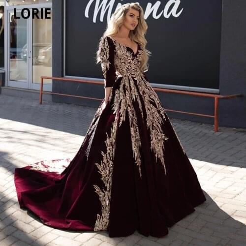 LORIE Burgundy Evening Dresses Velvet Gold Lace Appliqued V Neck Long Sleeve Prom Gowns Formal Pageant Dress Plus Size Vintage