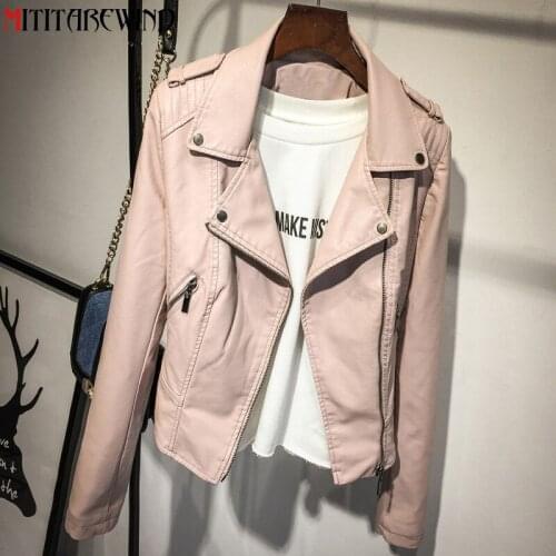 2021 Fashion PU Leather Jacket Women Short Style Slim Fit Faux Leather Pink&Black Leather Coat Femme S-XL Moto&biker Jacket