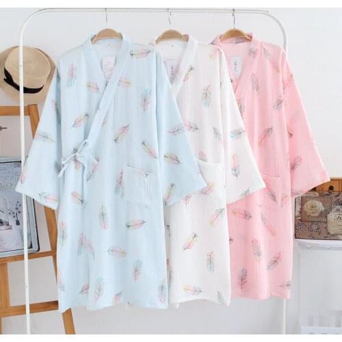New Womens Crepe Cotton Three-quarter Sleeve Kimono Robe Feather Print Breathable Ladies Living Night Gown Bridesmaid Robes