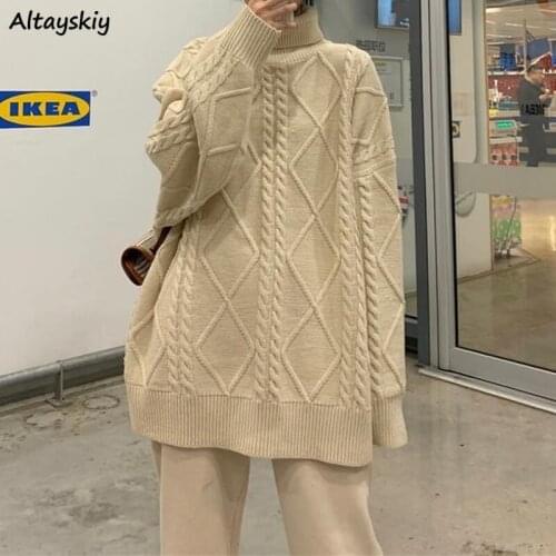 Solid Sweaters Women Turtleneck Knitting Spring Autumn Casual Loose All-match Warm Soft Korean Style Female Pullovers Popular