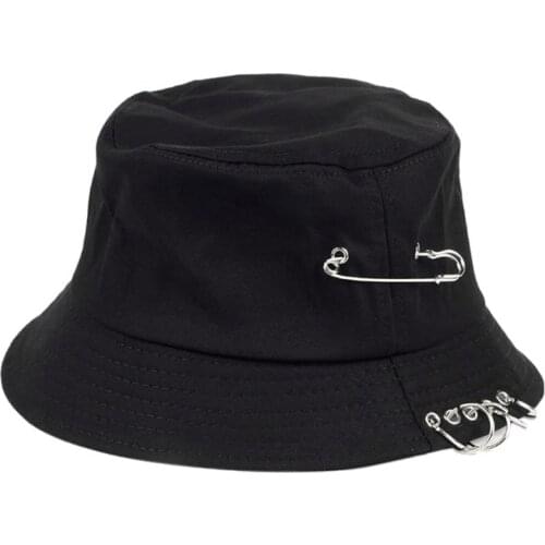 Unisex Harajuku Punk Cotton Bucket Hat Metal Pin O-Rings Hip Hop Fisherman Cap