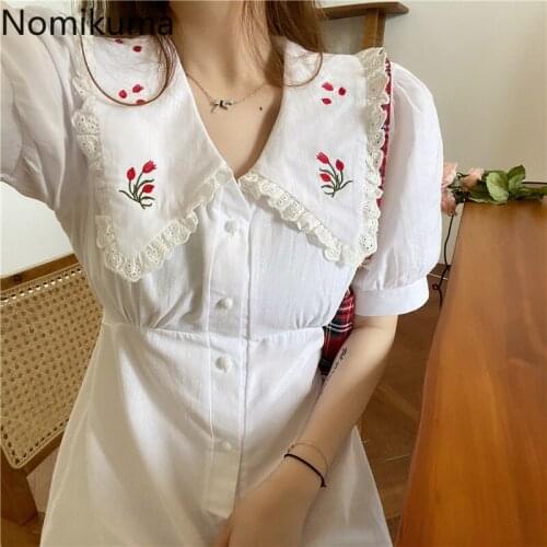 Nomikuma Embroidery Short Sleeve Dress Women Turn Down Collar Slim Waist A Line Dresses Single Breasted Japan Style Robe Femme