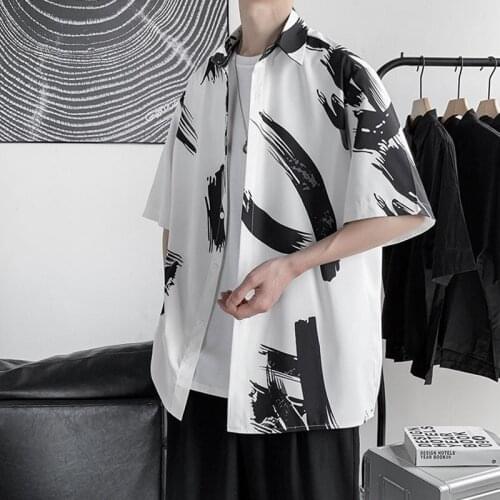 Ice Silk Loose Printed Shirt Man Short Sleeve Shirts Big Size Casual Male Blouse Harajuku Fashion Korean Men Tee Tops 30994