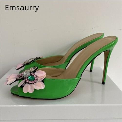 Bling Sequins Flower Sandals For Girls Women 10cm Stiletto Heel Slingbacks Lady Mules Rhinestone Butterfly-Knot Summer Shoes