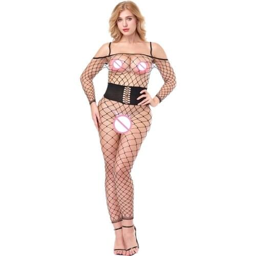 Bare shoulder Fishnet sexy underwear Plus size women erotic lingerie porn Hollow out Mesh Bodystockings costumes Lenceria W8986