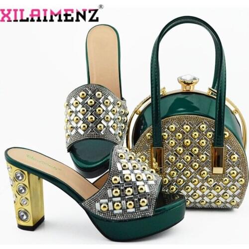 Dark Green High Quality Italian Design Slipper Italian Shoes and Matching Bags African Pumps and Matching Bags Party Shoes