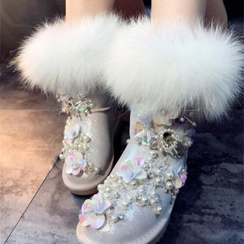 Warm home custom big fox fur crown jewel crystal handsome high tube leather European station snow boots star models