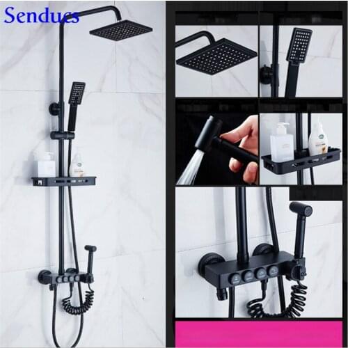 Senducs Black Thermostatic Shower Set 38 Temperature Bathroom Shower System Black Toilet Bidet Brass Bathroom Shower Set