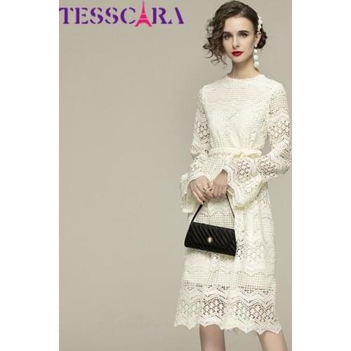TESSCARA Women Spring Elegant Lace Dress Festa High Quality Wedding Party Robe Femme Vintage Flare Sleeve Designer Vestidos