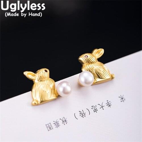 Uglyless Jumping to Sky Rabbits Earrings for Women 925 Silver Animals Gold Bunny Studs Earrings Natural Pearls Brincos Grilles