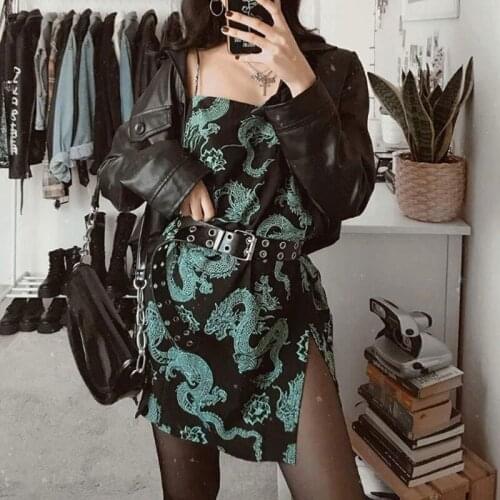 Dragon Print Sleeveless Sexy Split Slip Mini Dress Women 2021 Summer Club Party Bodycon Dresses Streetwear Harajuku платье