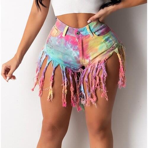 Tie Dye Print Women Tassel Denim Shorts Jeans Hight Waist Femme Skinny Slim Plus size Shorts