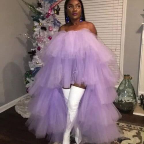 High Low Party Dresses Women Puffy faldas Floor Length Off Shoulder Lavender Tulle Tiered Prom Gowns vestido de fiesta longo