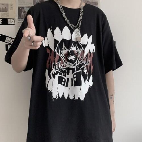Korean Styles Harajuku Tops Women T-Shirts Vintage Japanese Anime Print Plus Size Short Sleeve Loose Black Demon Gothic Clothes