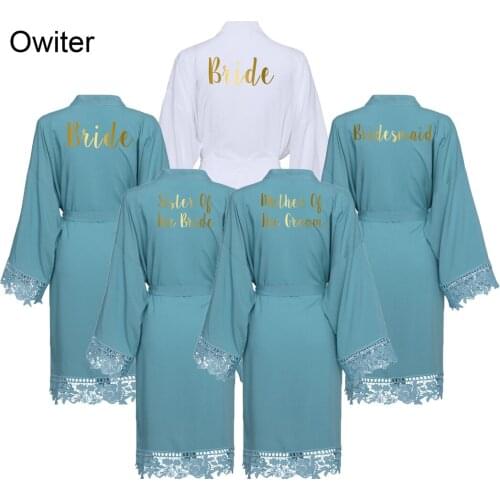 Owiter Cotton Robe Lace Robe Bride Robe Bridesmaid Robes Women Wedding Bridal Robe Bathrobe Sleepwear White Robes Blue