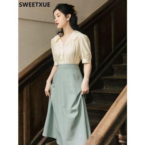 SWEETXUE Korean Fashion Womens Outfits 2021 Summer V-neck Shirt Tops + High Waist A-line Skirt 2 Piece Set Lady Vintage Elegant