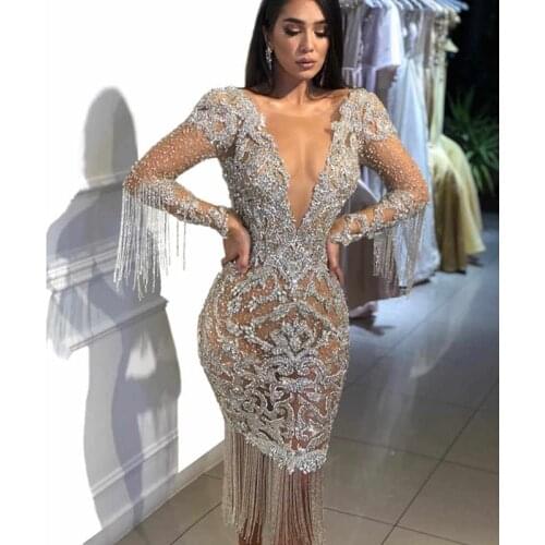Long Sleeve Sprinkle Gold Beading Tassles Bodycon Dress Women Fashion Mesh Sexy Deep Neck Club Party Clothing