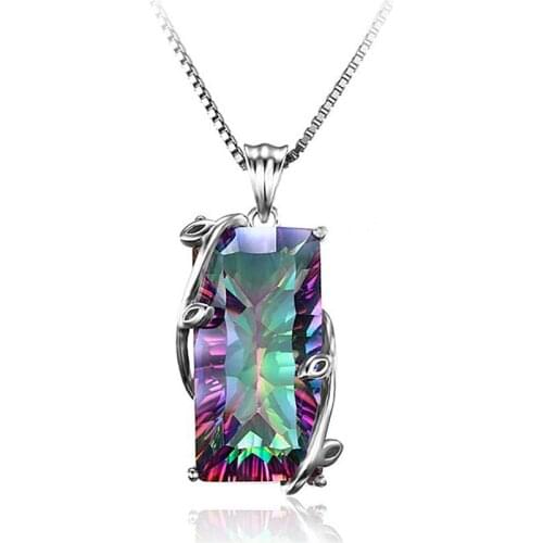 Trendy 925 Sterling Silver Necklace For Lady Jewelry Charm Colorful Crystal Rectangle Pendant Necklace Girl Women Party Bijou