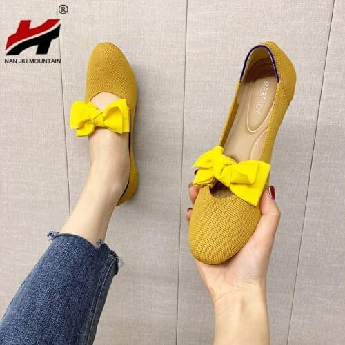 2021 Spring Womens Shoes Knitted Single Shoes Flat Outdoor Leisure Bow Ladies Shoes High Quality Plus Size 40