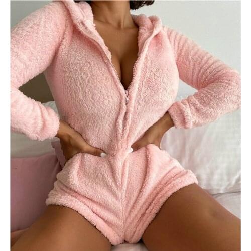 Fashion Plush Warm Playsuits Women Autumn Winter Long Sleeve Zipper Hooded Short Jumpsuits Solid Color Casual Homewear