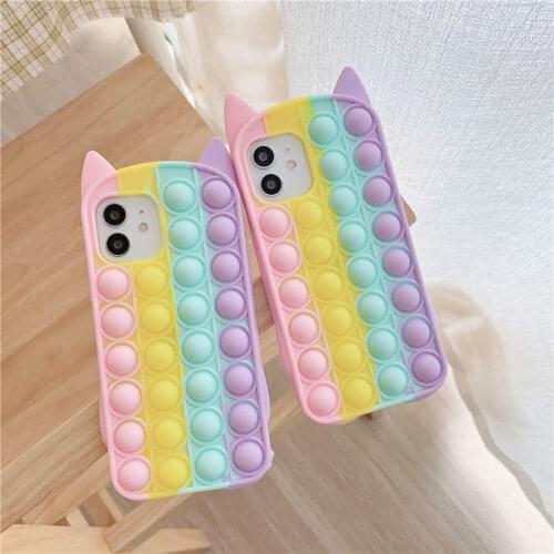 3D Cute Cartoon Beard Cat Reliver Stress Bubble Phone Case for iPhone 12 11 Pro Max Antistress Sensory Toys Rainbow Kitty Cover