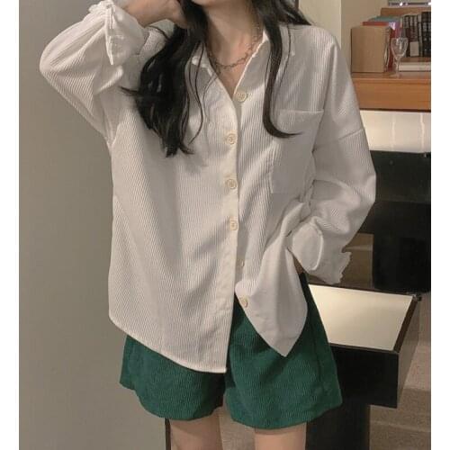 Colorfaith New 2021 Women Spring Autumn Blouse Shirts Oversized Elegant Corduroy Solid Korean Style Office Lady Wild Tops BL9416