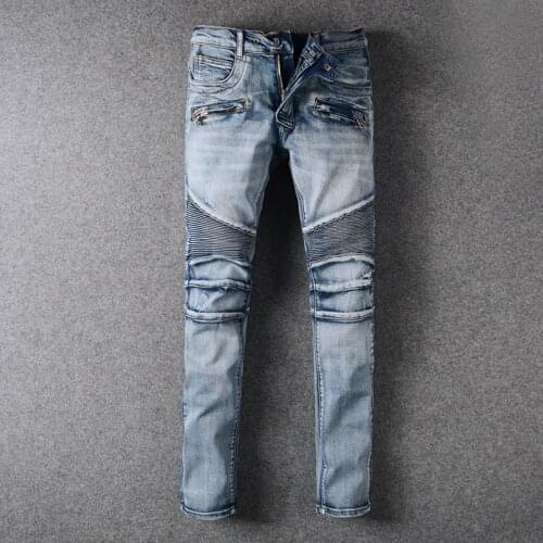 Fashion Streetwear Men Jeans Blue Color White Washed Spliced Designer Biker Jeans Men Big Size 28-42 Multi Pockets Cargo Pants