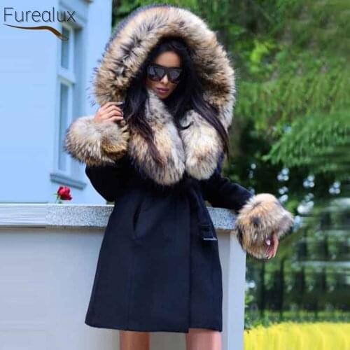 FUREALUX Autumn Winter Real Cashmere Wool Fur Coat Womens Fashion Trend Leather Jacket With Detachable Real Fox Hat Brim Cuffs