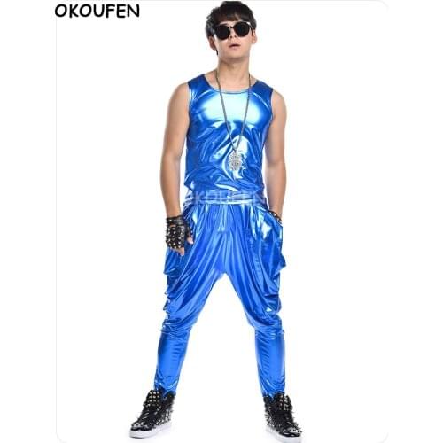 Personality Fashion Man stretch Blue Vest Set nightclub stage performance clothing male singer DJ show dance wear